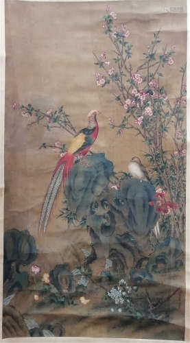 A CHINESE SCROLL PAINTING OF FLOWER AND BIRD