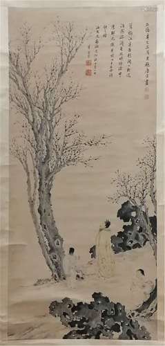 A CHINESE SCROLL PAINTING OF MAN UNDER TREE WITH CALLIGRAPHY