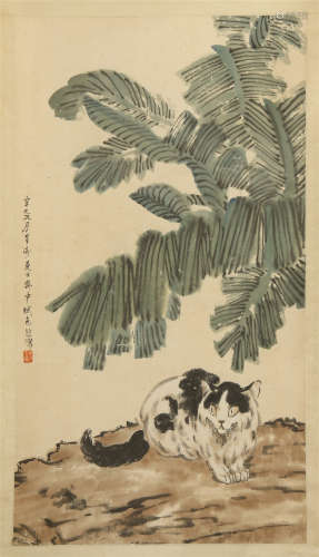 A CHINESE SCROLL PAINTING OF CAT ON ROCK