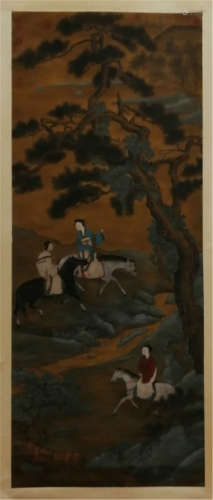 A CHINESE SCROLL PAINTING OF WOMEN ON HORSE