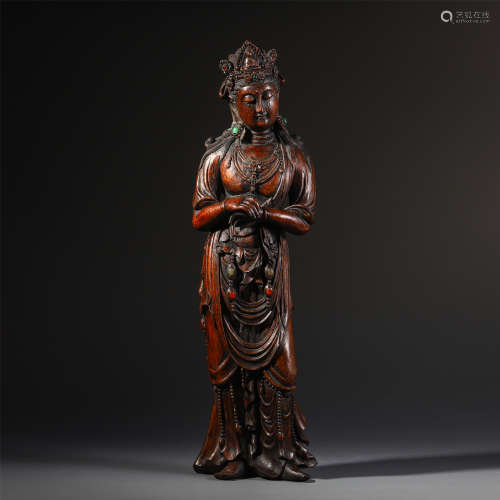 A CHINESE AGALWOOD GEM STONE INLAID STANDING GUANYIN