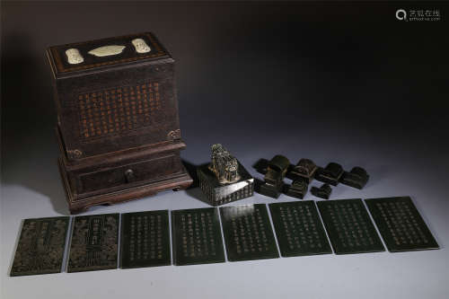 A SET OF CHINESE SPINACH JADE SEAL AND INSCRIPT