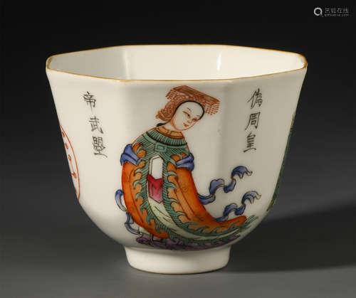 A CHINESE PORCELAIN CLOISONNE PAINTED OCTAGONAL CUP