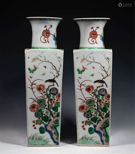 A PAIR OF CHINESE PORCELAIN WUCAI FLOWER AND BIRD SQUARE VASES