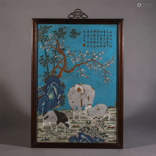 A CHINESE CARVED ZITAN CLOISONNE PAINTED ANIMALS HANG SCREEN