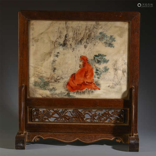 A CHINESE STONE INLAID HUANGHUALI FIGURE POEM TABLE ITEM