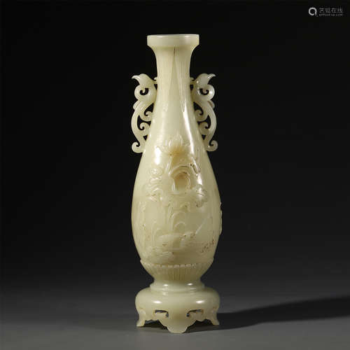 A CHINESE CARVED JADE FLOWER AND FIGURE HANDLE VASE