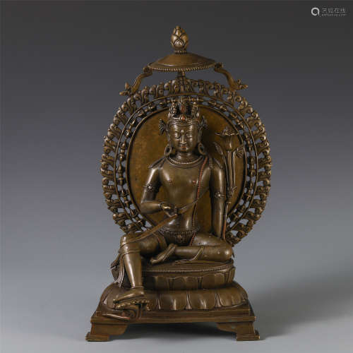 A CHINESE SILVER INLAID BRONZE LOTUS SEATED GUANYIN