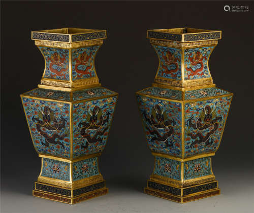 A PAIR OF CHINESE CLOISONNE DRAGON SQUARE VASES