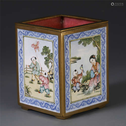 A CHINESE BRONZE CLOISONNE PAINTED WOMAN AND BOY SQUARE BRUSH POT