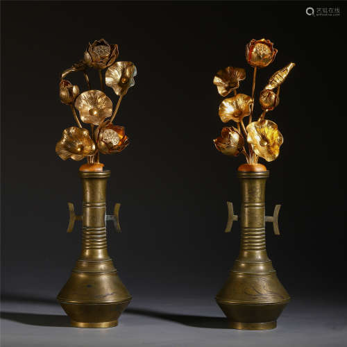 A PAIR OF CHINESE GOLD INLAID BRONZE FLOWER VASES