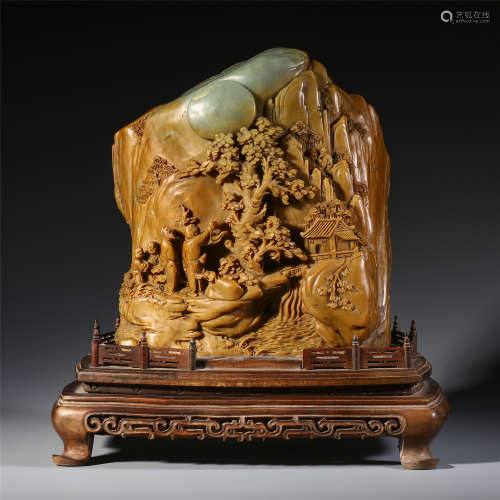 A CHINESE CARVED SOAP STONE FIGURE UNDER PINE TABLE ITEM