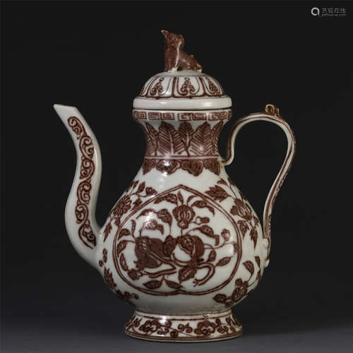 A CHINESE PORCELAIN RED UNDER GLAZE KETTLE