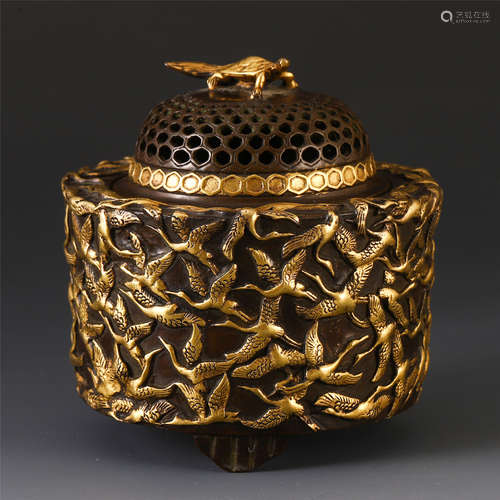 A CHINESE GILT BRONZE CRANE INCENSE CAGE