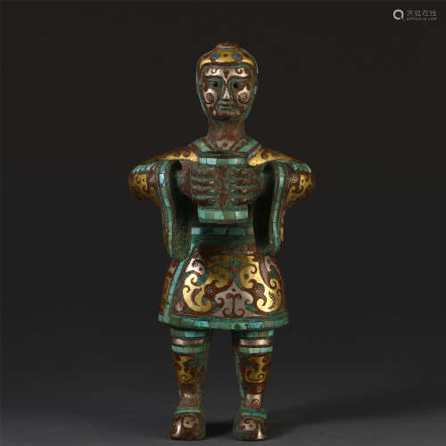 A CHINESE GOLD AND SILVER INLAID BRONZE MAN TABLE ITEM