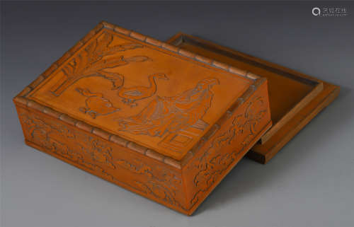 A CHINESE CARVED BAMBOO FIGURE LIDDED BOX