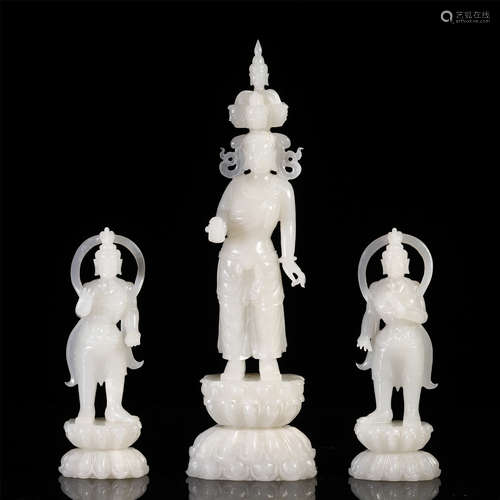 A SET OF CHINESE CARVED JADE STANDING GUANYIN