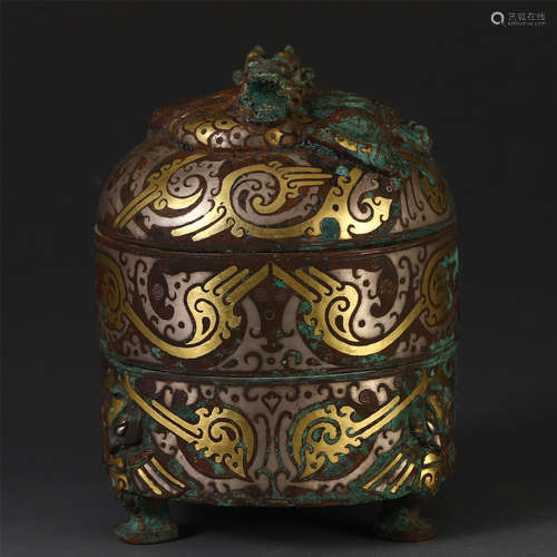 A CHINESE BRONZE GOLD PAINTED BEAST FLOOR LIDDED BOX