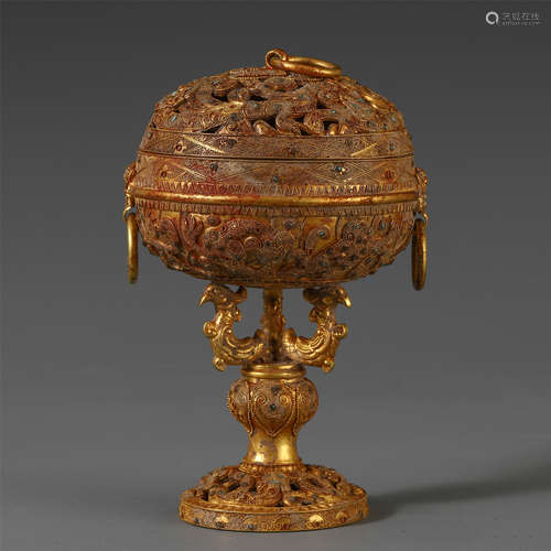 A CHINESE PURE GOLD DRAGON LIDDED INCENSE BURNER