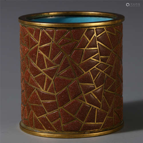 A CHINESE BRONZE GEM STONE INLAID BRUSH POT