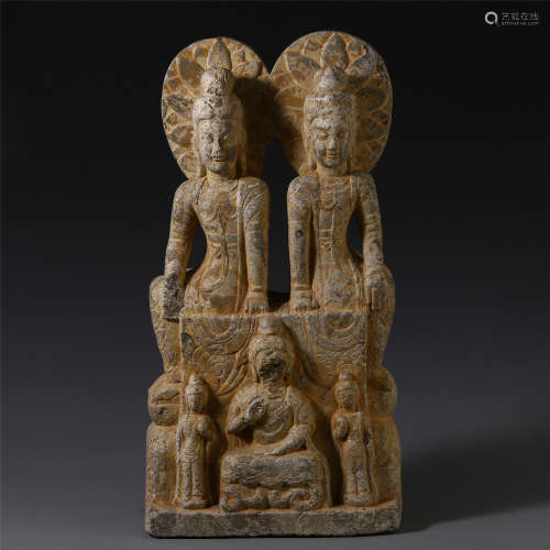 A CHINESE CARVED STONE DOUBLE BUDDHAS