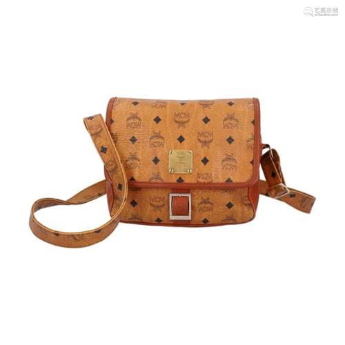 MCM VINTAGE Umhängetasche.Visetos in Cognac mit schwarzem Logo-Design, Überschlag mit Riemen-