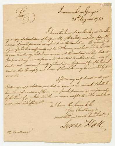 Declaration Signer Lyman Hall Superb Letter 1783