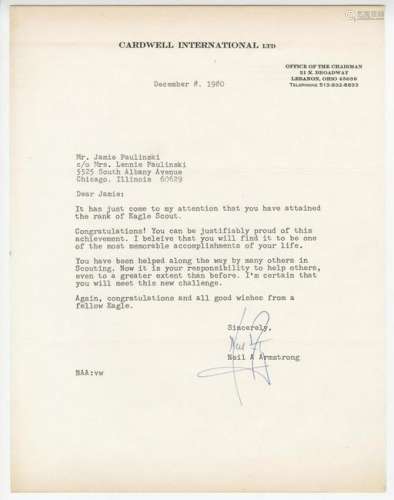 Neil Armstrong Signed Letter to Fellow Eagle Scout