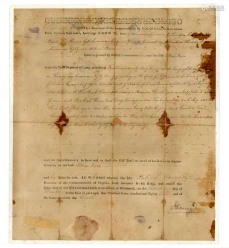Patrick Henry Signed Land Grant 1785