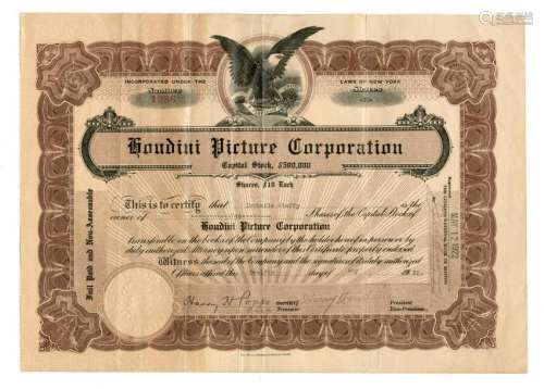 Rare signed Houdini Picture Company stock certificate