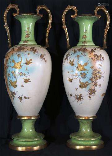 Pair of tall green mantle vases with gold, 31 in. T.