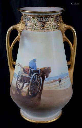 Very large double handle Nippon vase with horse