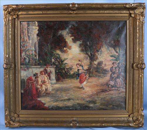 Antique early oil on canvas of dancing gyspy in gold