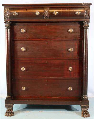 Mahogany empire highboy chest with column front