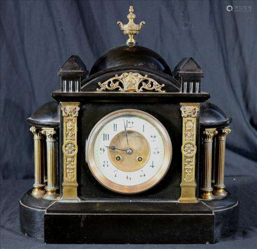 Black slate clock with French marks, porcelain dials