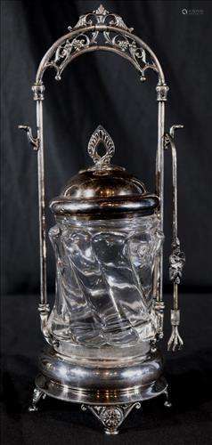 Antique silver-plate pickle caster with clear insert