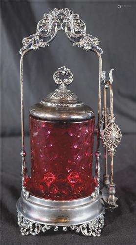 Antique Victorian silver-plate pickle caster, cranberry