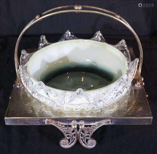 Silver-plate Victorian brides basket with green bowl