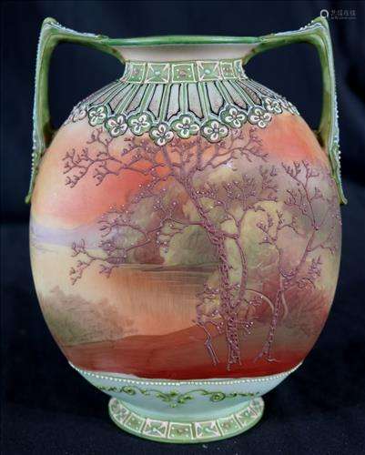 Nippon double handle moriage vase