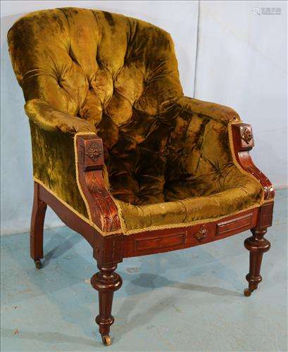 Walnut Victorian  lolling chair with green upholstery