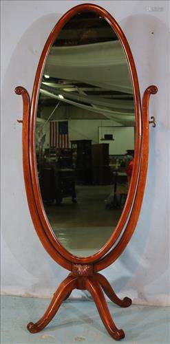 Mahogany cheval mirror, 70   in. T, 31 in. W.