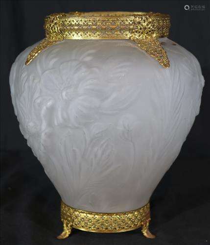 Satin glass vase with raised flowers, 10 in. T.