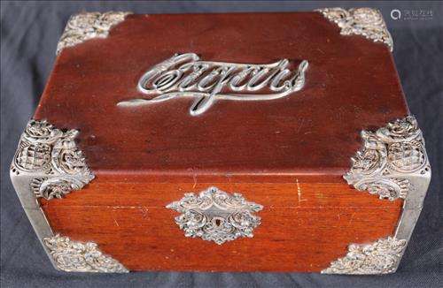 Antique Victorian oak cigar box with silver-plate