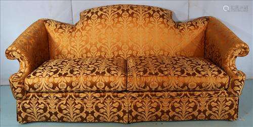 Gold silk damask camel back sofa