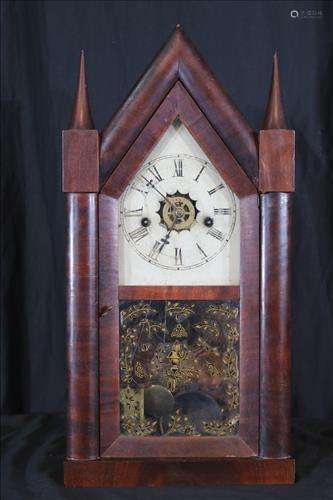 Mahogany Victorian steeple clock, 20 in. T, 12 in. W.