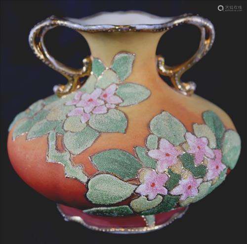 Nippon double handle coralene vase with 1909 mark