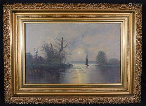 Oil on canvas in gold Victorian frame of windmill