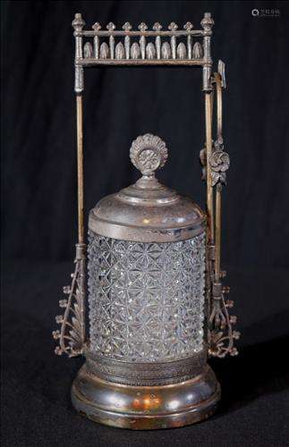 Victorian pickle caster with clear glass jar, 11 in. T.