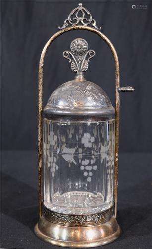 Victorian pickle castor with etched jar, 11  in. T.