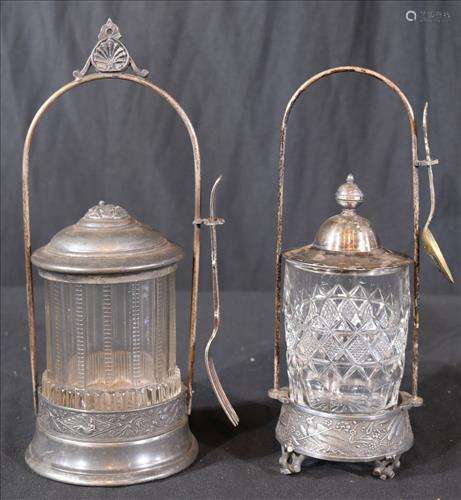 2 Victorian pickle casters with clear jar, 11  in. T.